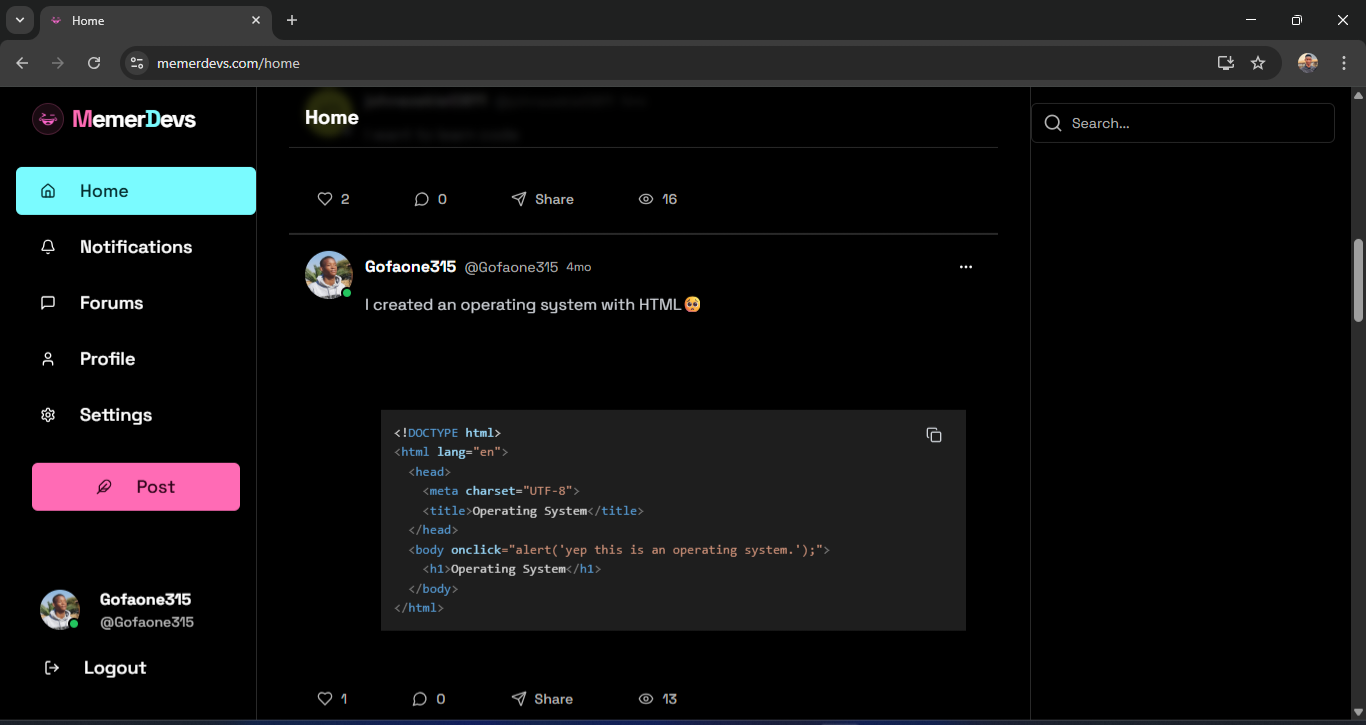 MemerDevs feed showing developer posts and app navigation